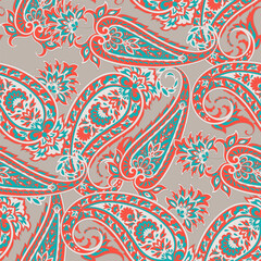Floral seamless pattern with paisley ornament. Vector illustration in asian textile style