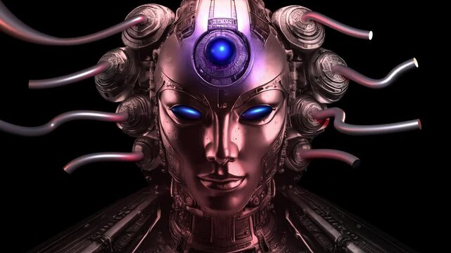 Cyber God. Artificial General  Intelligence. AGI. Cosmic AI. All seeing, All-knowing Supreme Intelligence. AI God. Godlike AI. Transhumanism. Fusion of AI image and 3d render animation.