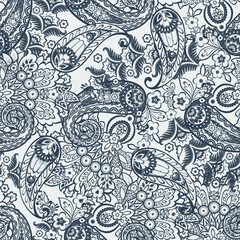 Madhubani, Kalamkari, Chinz, and Kani seamless pattern. Shirting fabric, Ajrakh and Ikat styles. Patola backdrop. Floral allover design © antalogiya