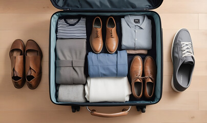 An open suitcase with things neatly rolled up and stowed, perfectly organized