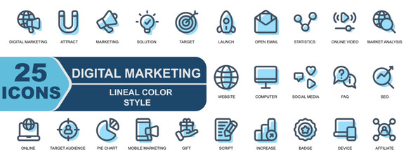 nline marketing icon set.lineal color style.modern icon style.contains mobile marketing,gift,commission,script,content,increase,badge,device,affiliate,relationship,digital marketing,globe.