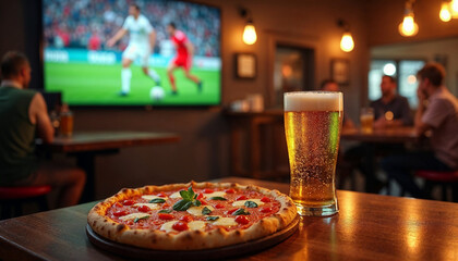 Wooden table in a cozy bar with pizza and beer, a TV showing a football match in the warm, inviting background.







