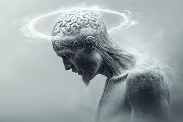A somber figure with a halo like neural crown symbolizing the burden of thought the weight of knowledge and the introspective journey through complex cognitive processes