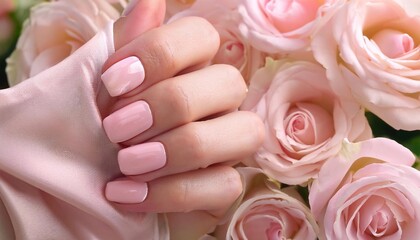Fototapeta premium An aesthetically pleasing composition featuring a hand with blush-toned nails resting among numerous blooming roses. The delicate shades of pink on the nails and roses evoke a soft, elegant atmosphere
