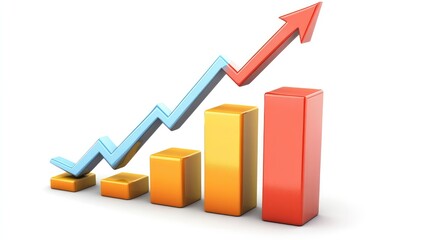 Financial graph with rising bars and arrow, concept of economic growth, isolated on white