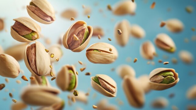 Flying pistachios in mid-air against an isolated backdrop. Suitable for advertising campaigns, showcasing the freshness and quality of the nuts.