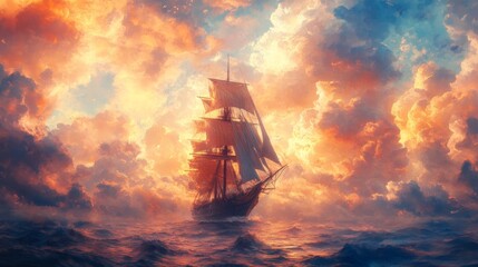 Fototapeta premium Sailing Ship Amidst Dramatic Sunset Clouds