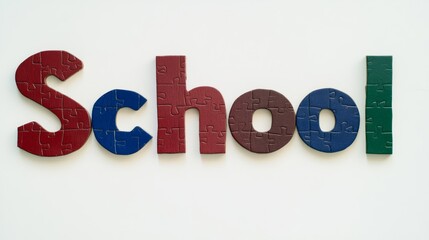The word "School" spelled out using colorful puzzle pieces that fit together perfectly. Each letter is formed by multiple interlocking pieces, representing how different elements come together