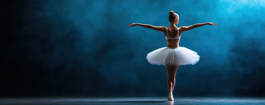 A ballet dancer in a white tutu gracefully performing on stage under a spotlight, creating a dramatic and elegant scene.