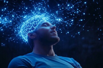 Obraz premium A man with his head illuminated by glowing blue neural patterns representing the clarity of thought the cool logic of cognition and the focused power of mental processes