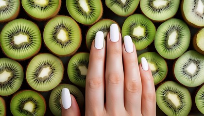 Glossy white nails rest on a backdrop of juicy kiwi slices, blending simplicity with bold, natural elements. The crisp colors and textures evoke a sense of freshness and vitality.