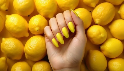 A hand with long, pointed yellow nails rests on a bed of fresh lemons. The composition is dominated by a monochromatic yellow theme, with the texture of the lemons adding visual interest.