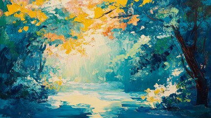 Painting of a forest path illuminated by sunlight