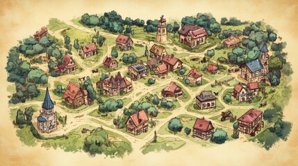 Fototapeta premium Medieval Fantasy Village Map