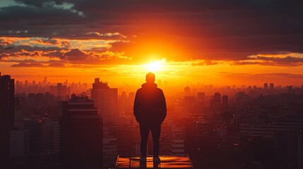Fototapeta premium Silhouette of a Person Watching Sunset Over Cityscape