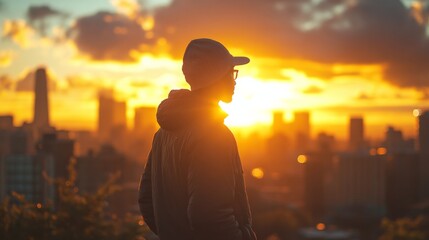 Silhouette of Man at Sunset with City Skyline