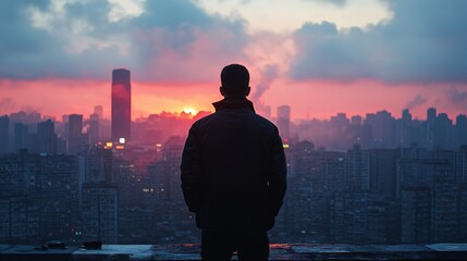 Fototapeta premium Silhouette of Person Overlooking City at Sunset