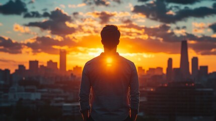 Man Watching Urban Sunset