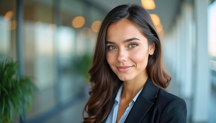 Fototapeta premium Portrait of a brunette business woman with green eyes in the office. 