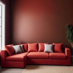 Loft living room design. Red modular corner sofa against brown stucco wall with copy space. Loft interior design of modern living room or home. Beige carpet. Side window without curtains. Generated AI
