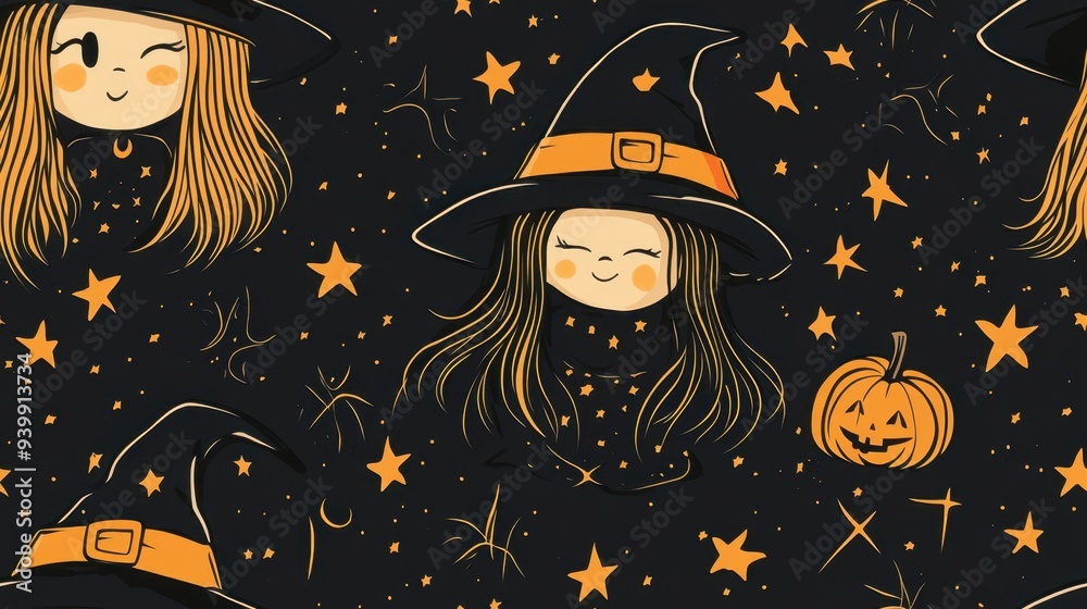 Poster a halloween themed drawing of two girls wearing witch hats