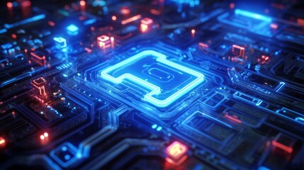 Fototapeta premium Futuristic Cyber Circuit Board Close-Up with Neon Lights