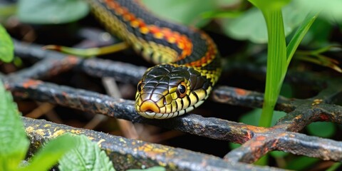 Obraz premium Garter snake navigates a metal grate amidst lush vegetation.