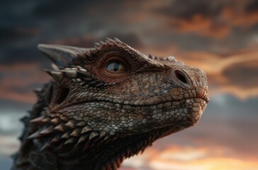 Close-up of a fierce dragon's face against a dramatic sky