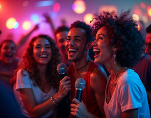 Friends at a lively karaoke party in a brightly lit nightclub, enjoying with joy and vibrant decorations.







