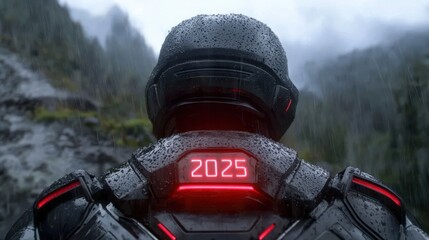 Futuristic motorcycle rider in the rain