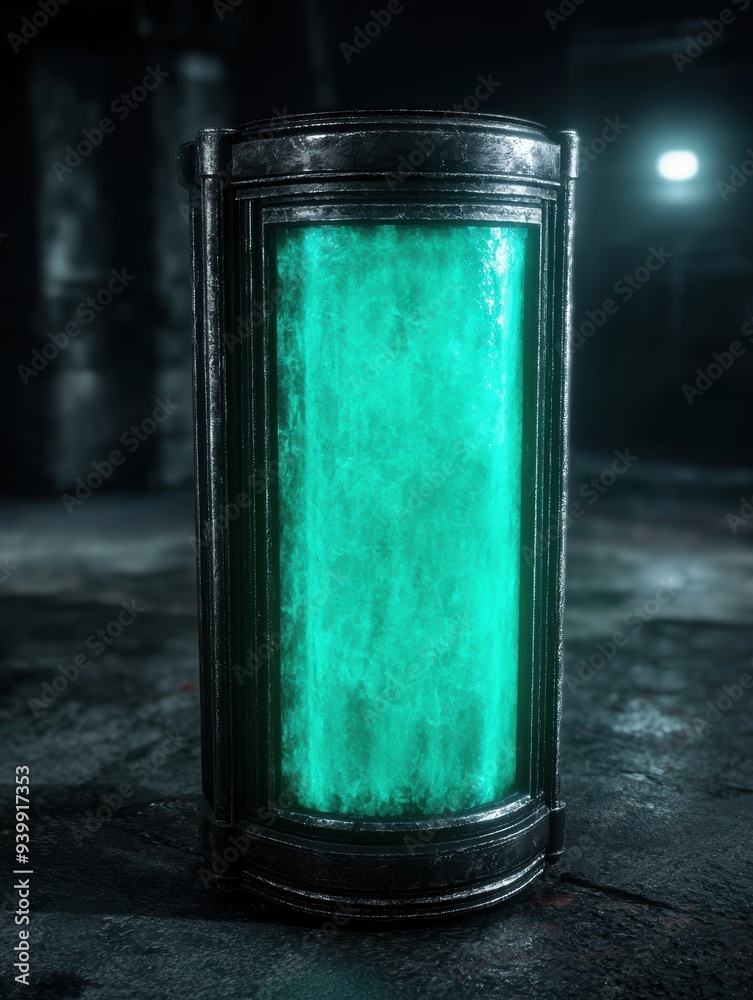 Poster glowing green glass cylinder in dark environment