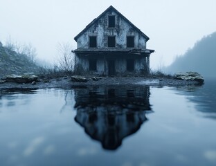 Abandoned house in the fog