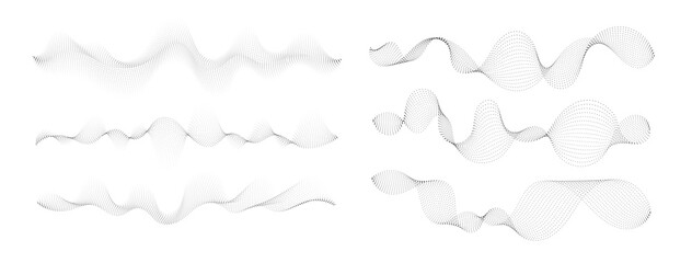 Set of black halftone waves on white background. Curve shape with small particles. Abstract liquid shapes, wave effect, dotted gradient, texture, sound wave. Digital equalizer. Vector collection