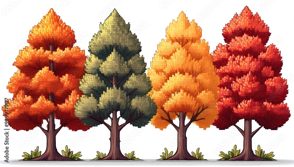 Wall mural Autumn Pixelated Forest Set - 16-bit pixel art collection of different autumn trees. Game Design assets collection. Isolated on white background. Graphics art 8 bit illustration icons