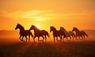Horses running in meadow at sunset generated by 