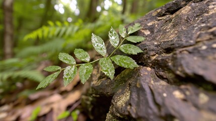 close-up of green leaves growing on a tree trunk