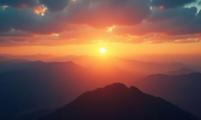 Obraz premium Sunset sky over mountn orange yellow blue 