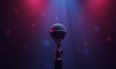 Obraz premium Shiny microphone illuminates singer face on stage generated by 
