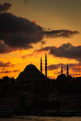 Amazing skyline of Istanbul at sunset with Suleymaniye Mosque,  Turkey