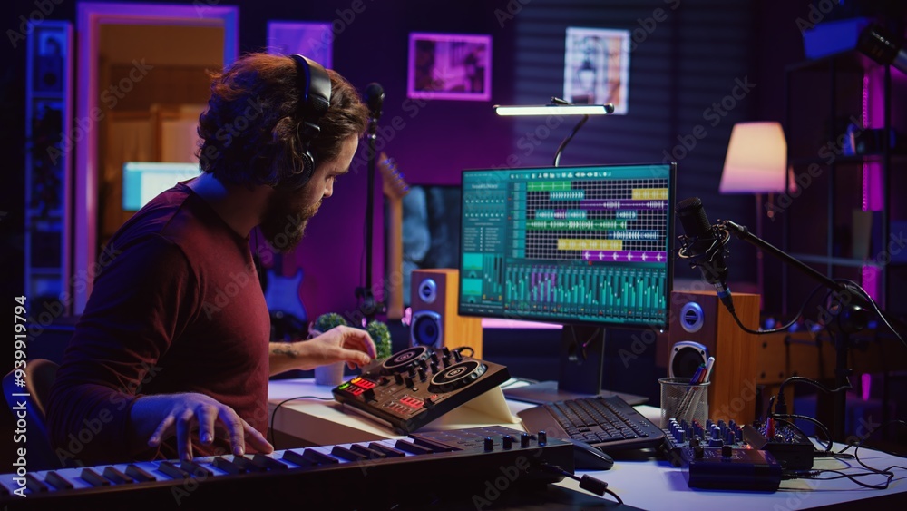 Aufkleber Skilled artist playing piano keyboard and recording sounds on daw software, capturing audio track instruments and vocals. Producer creating songs with mixing console in post production. Camera B.