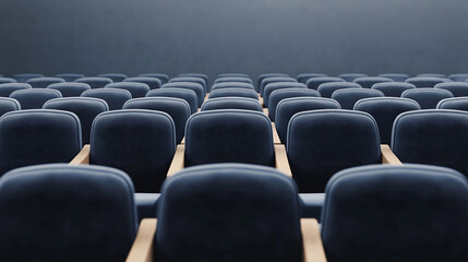Naklejka premium The seating area in an auditorium features neatly arranged dark blue seats with wooden armrests, awaiting the arrival of an audience for a performance