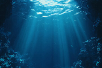 Naklejka premium Sunlight pierces through the ocean surface creating beautiful rays of light in a deep underwater scene