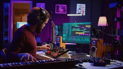 Skilled artist playing piano keyboard and recording sounds on daw software, capturing audio track...