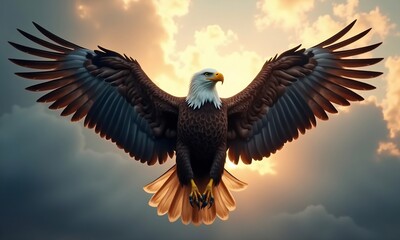 Obraz premium A bald eagle with wings spread in front of a cloudy sky