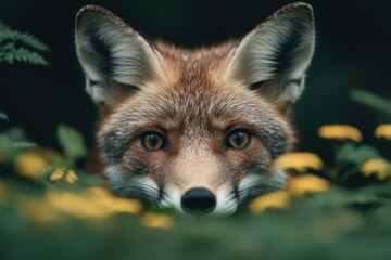 Fototapeta premium Curious fox peeking through the foliage
