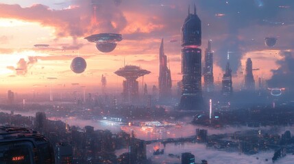 Fototapeta premium Futuristic Skyline at Sunset