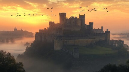 Majestic castle at sunrise with mist and birds