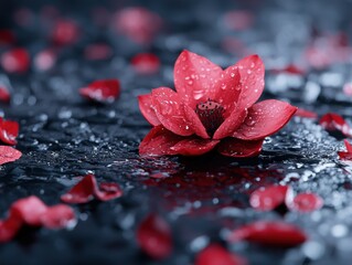 Vibrant red flower petals with water droplets on a dark background