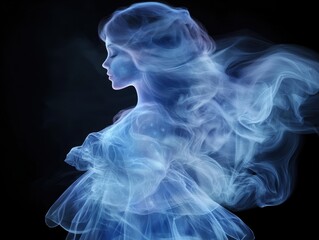 ethereal smoke-like figure in blue and white