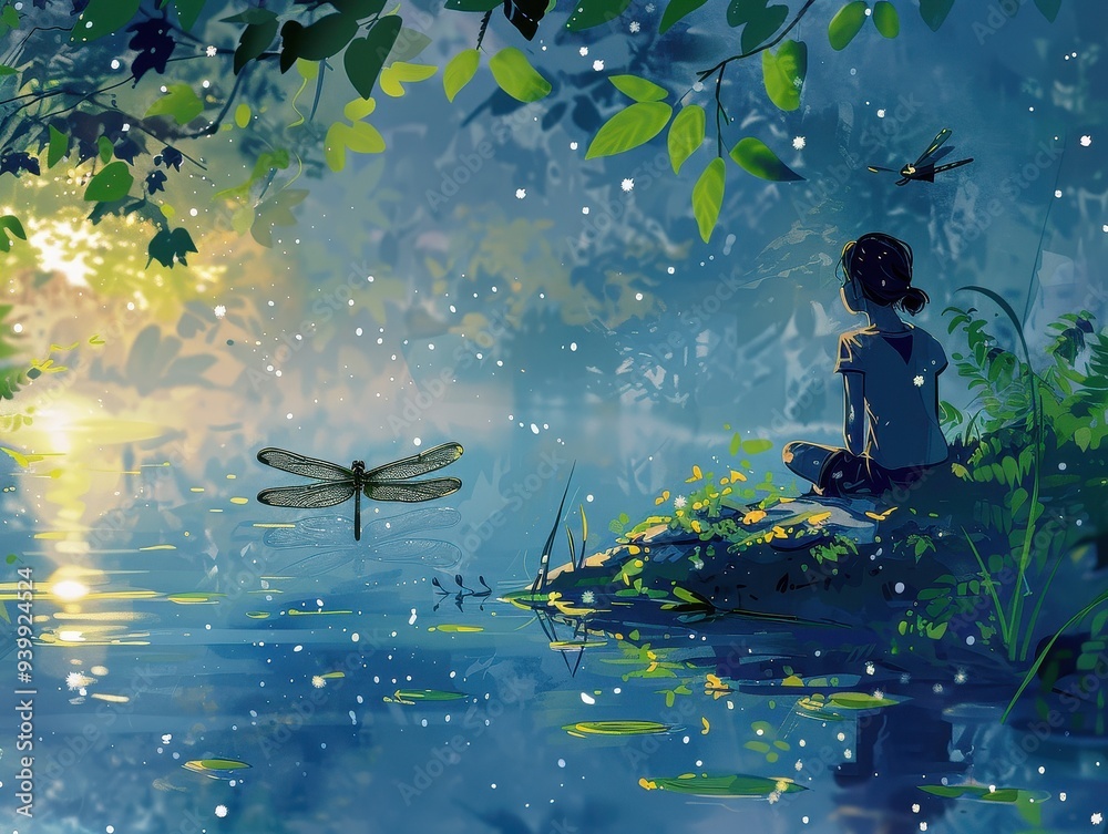 Poster Person and Dragonfly's Tranquil Pond Moment